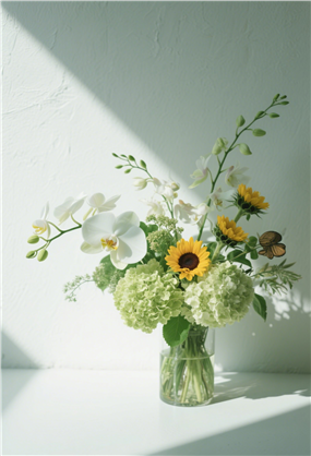 白色墙壁前置放的插花作品图片